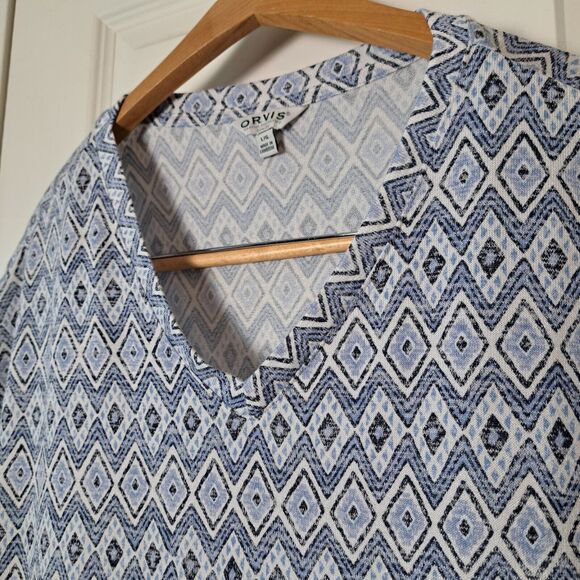 Orvis Women's Blue Ikat Tunic Short Sleeve V-Neck Geometric Top Size L - Picture 7 of 8